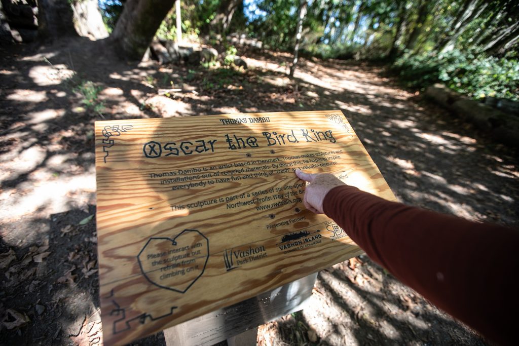 Oscar's sign and story | Vashon Maury Island Oscar The Bird King Thomas Dambo Troll at Point Robinson Park Maury Island Vashon Island Washington