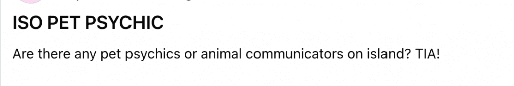 Section header: ISO PET PSYCHIC with the subtitle 'Are there any pet psychics or animal communicators on island? TIA!'