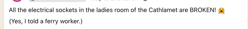 image | Vashon Maury Island Social post stating all electrical sockets in the Cathlamet ladies' room are broken, with a crying emoji.
