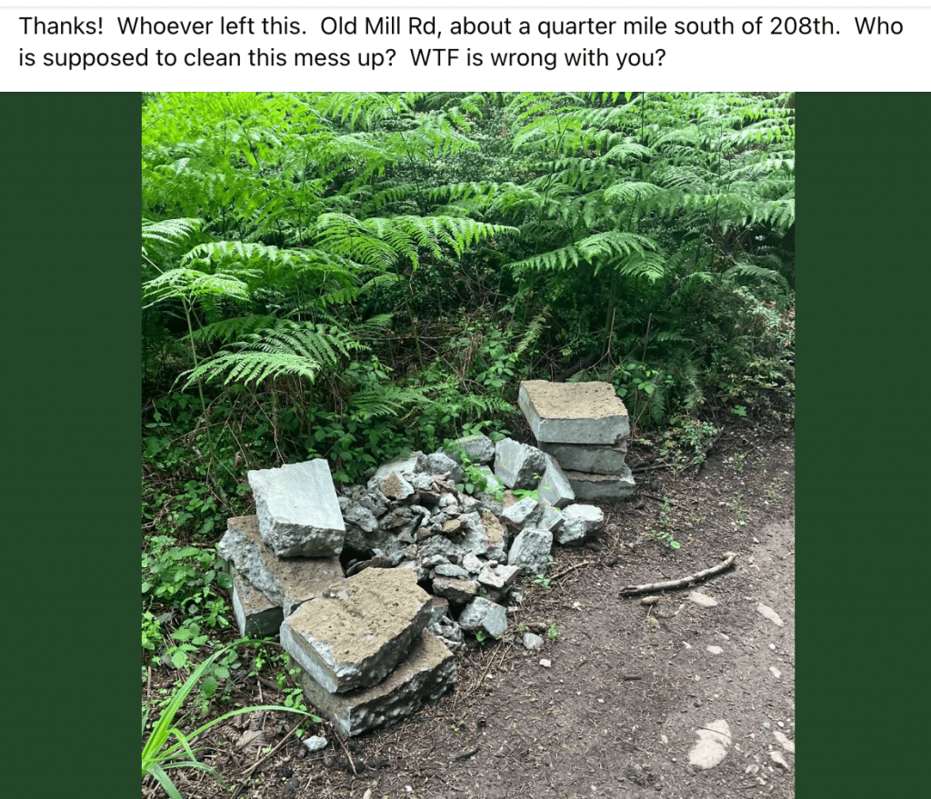image | Vashon Maury Island Pile of broken concrete blocks and rubble along a dirt trail with dense ferns and green vegetation behind.