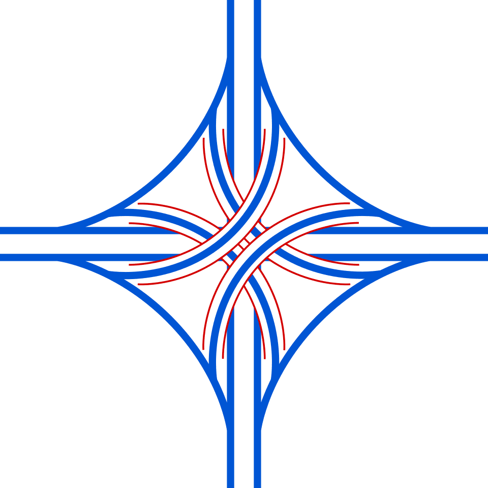 Abstract geometric design: symmetrical blue curves forming a four-armed star-like shape with red inner lines weaving through the center.