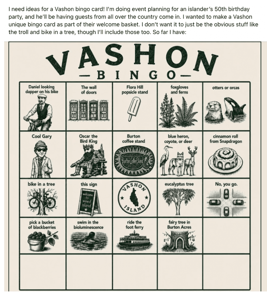 Vashon bingo card with a 5x5 grid of illustrated clues and captions on a beige background, featuring items like a bike in a tree and a cinnamon roll from Snapdragon.