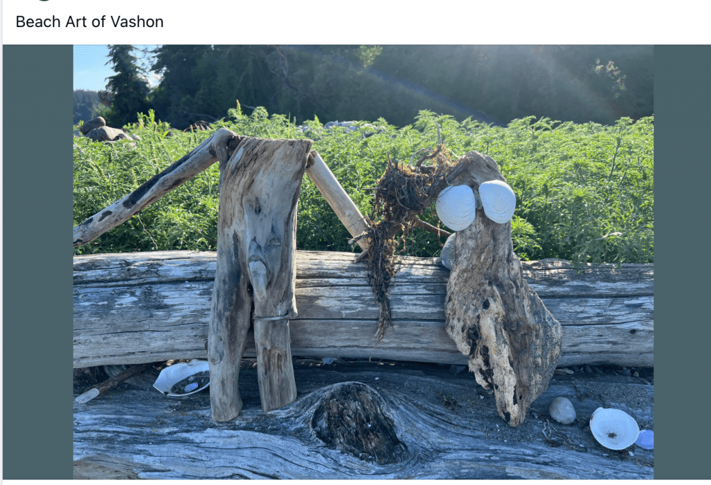 Two weathered driftwood figures leaning toward each other on a log at the beach, with seaweed between them and round white eyes made of shells nearby.
