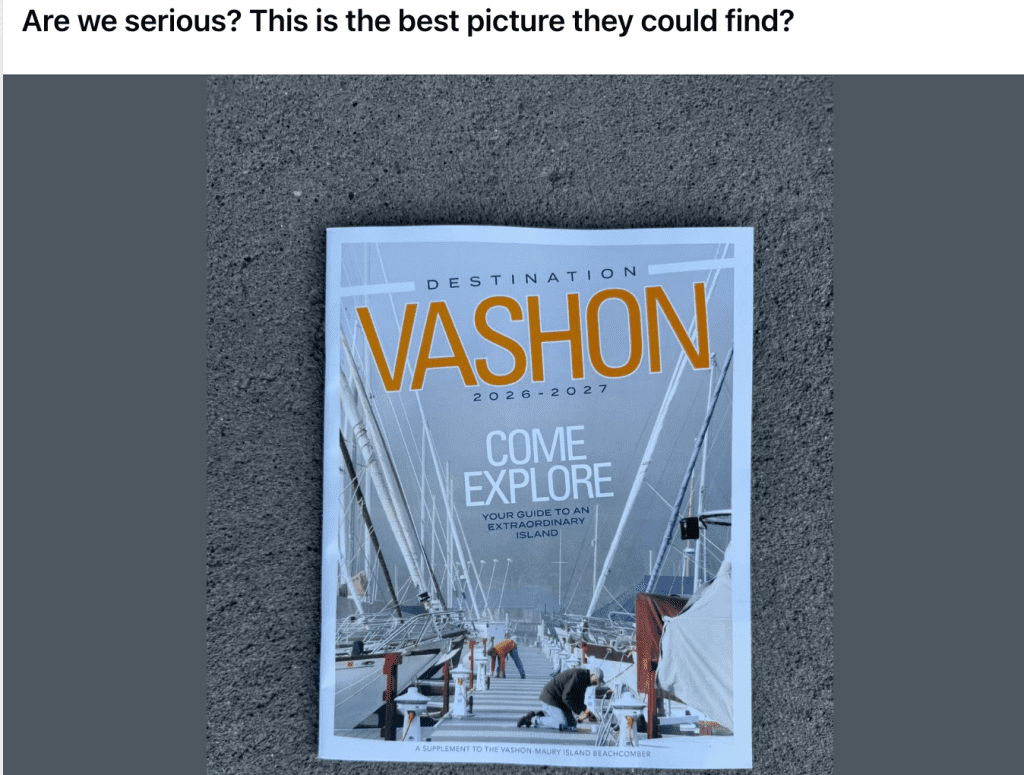 image | Vashon Maury Island Magazine cover titled VASHON: Come Explore, a 2026–2027 travel guide on a marina scene.