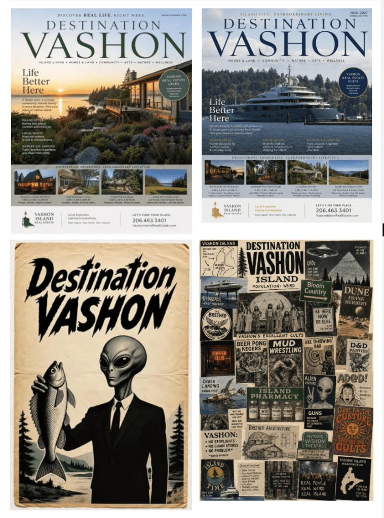 image | Vashon Maury Island Quad-panel collage: two Destination Vashon magazine covers, a vintage poster with an alien in a suit holding a fish, and a dense island imagery collage.