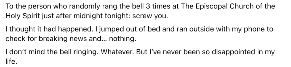 image | Vashon Maury Island Text image: a vent about someone ringing the church bell three times after midnight; includes 'screw you' and the writer’s disappointment after checking for breaking news.