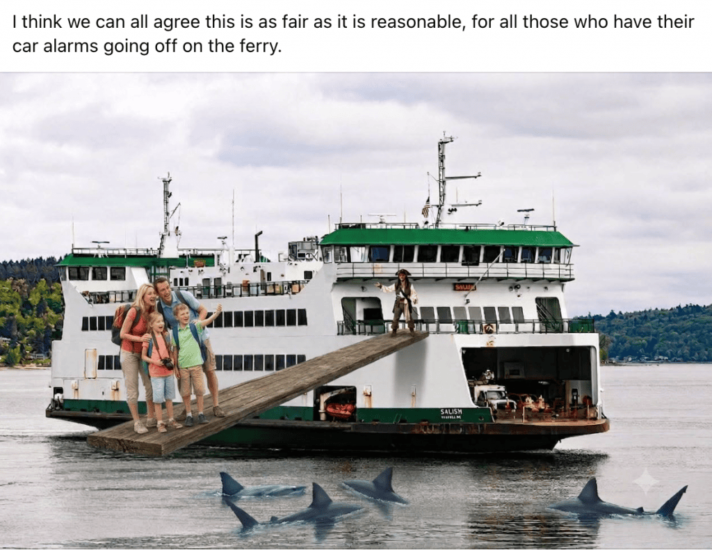 image | Vashon Maury Island Family of four posing on a wooden ramp attached to a docked white ferry; nearby dolphins swim in the water.