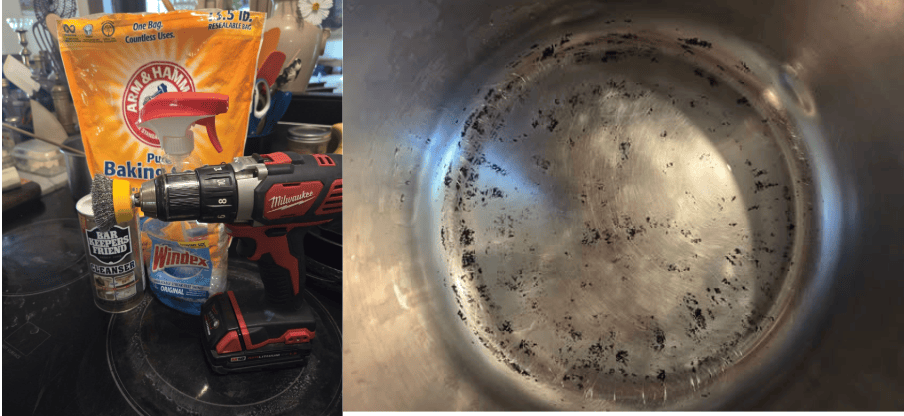 Cordless drill and cleaning products on a kitchen counter beside a burnt stainless steel pot interior on the right side.