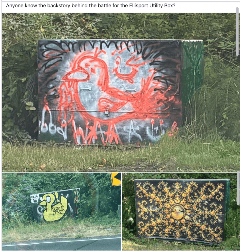 Three graffiti-covered electrical boxes in a grassy roadside setting: a red bird design on the central box, a yellow hand tag on the left box, and a detailed sunflower-like mandala on the right box.