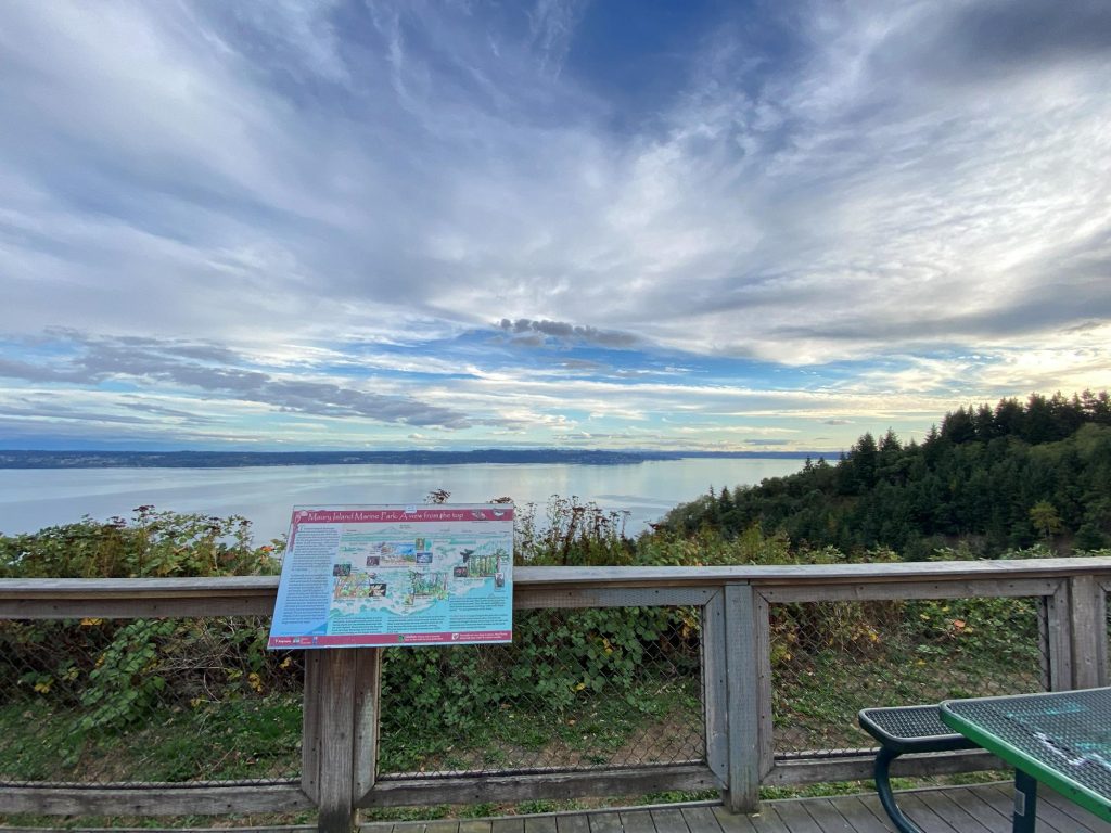 Overlook railing with a large informational sign facing a calm lake and cloudy sky, with trees on the right.